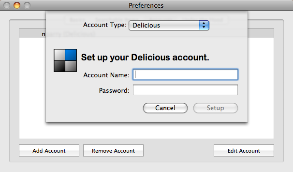 Add a Delicious account via the QSB preferences